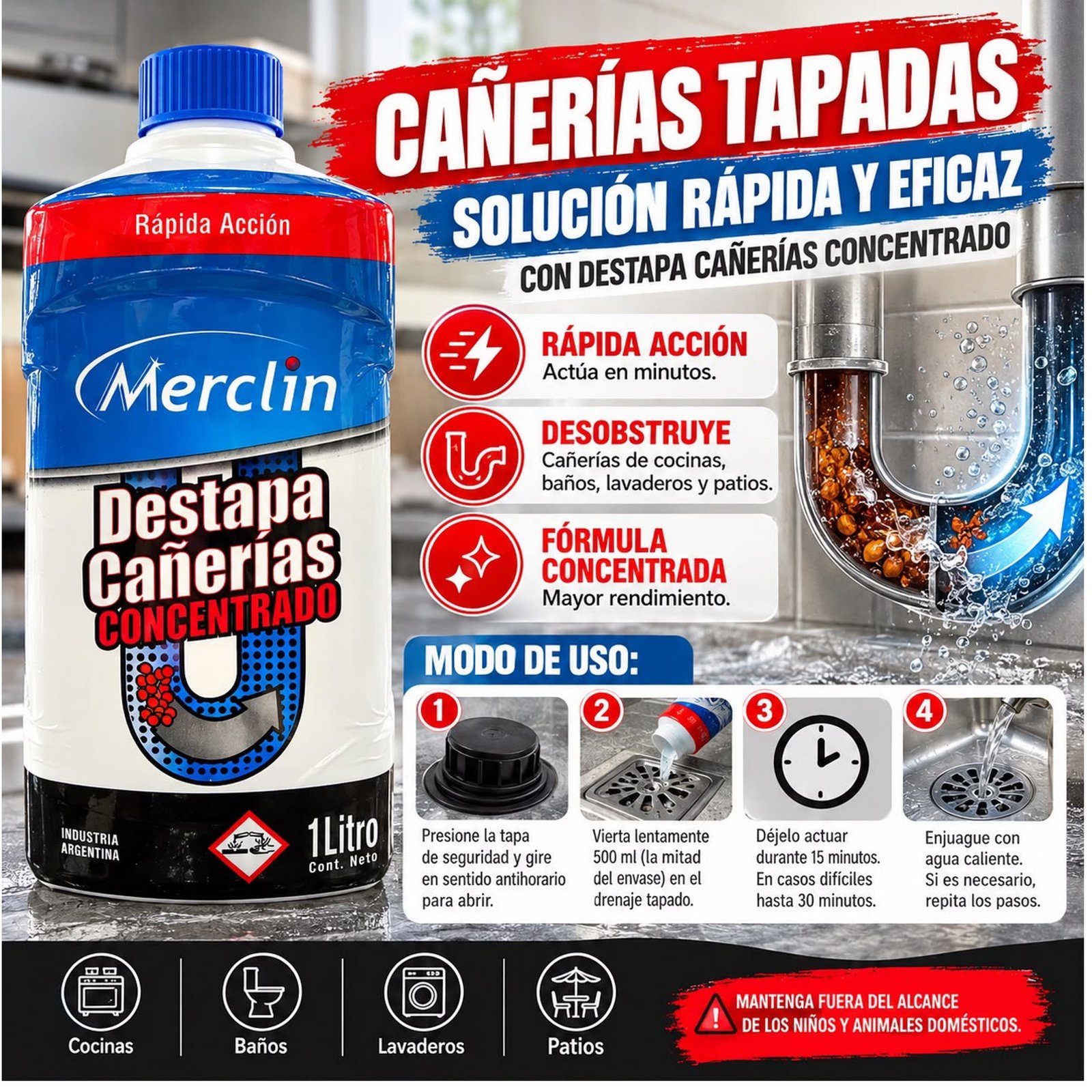 Destapa Cañerías Concentrado 1 Litro - Merclin