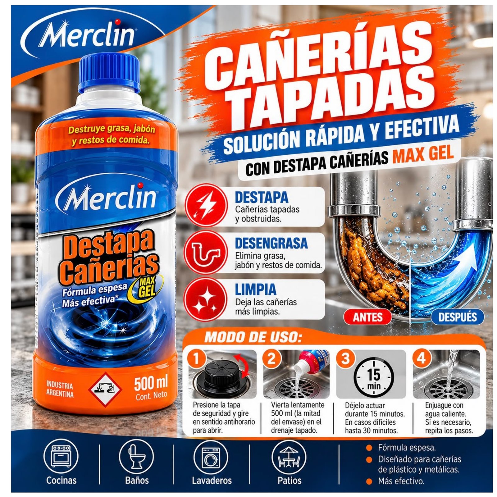 Destapa Cañerías Max Gel 3 en 1 de 500 ml - Merclin