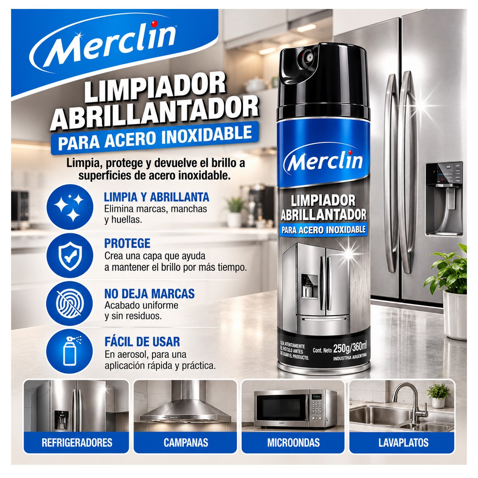 Limpiador Abrillantador Para Acero Inoxidable 360ML - Merclin