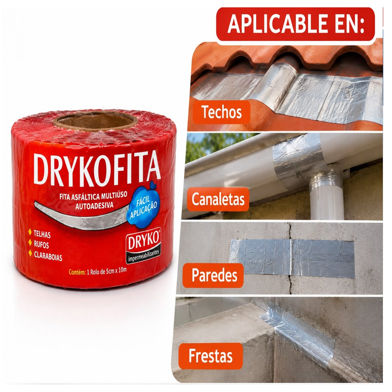Cinta Asfáltica Adhesiva Multiuso y Tapagoteras DRYKOFITA 5 cm x 10 mt - Aluminizada
