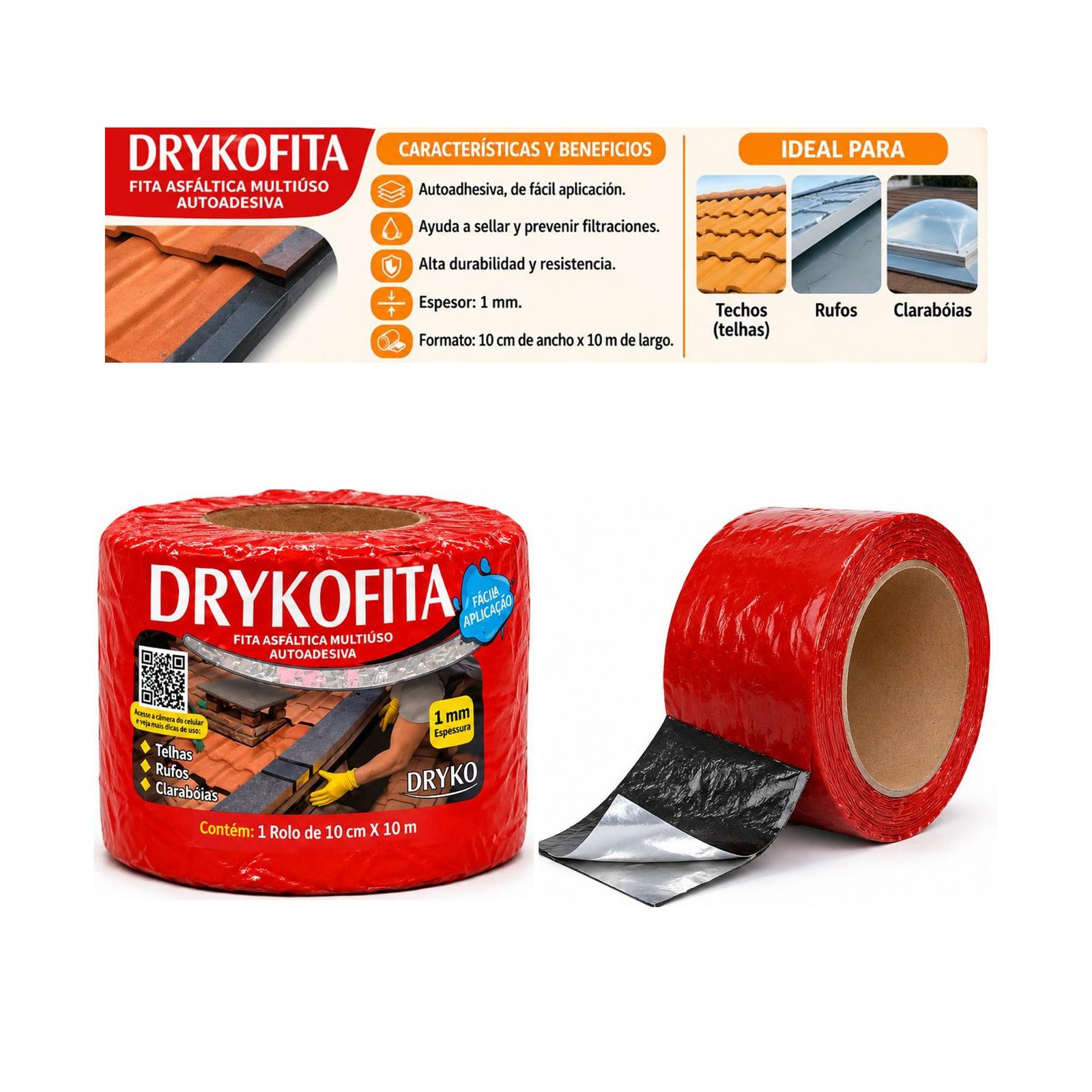 Cinta Asfáltica Adhesiva Multiuso y Tapagoteras DRYKOFITA 10 cm x 10 mt - Aluminizada
